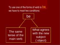 To use one of the forms of verb to be, we have to meet two conditions: be The...