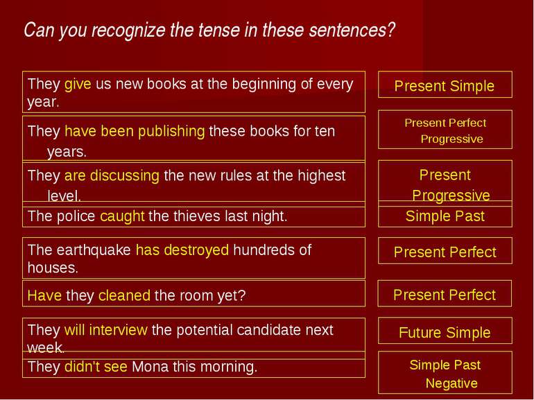 Can you recognize the tense in these sentences? They give us new books at the...