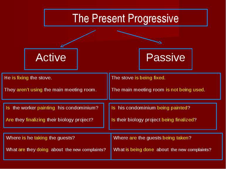 The Present Progressive Active Passive He is fixing the stove. They aren’t us...