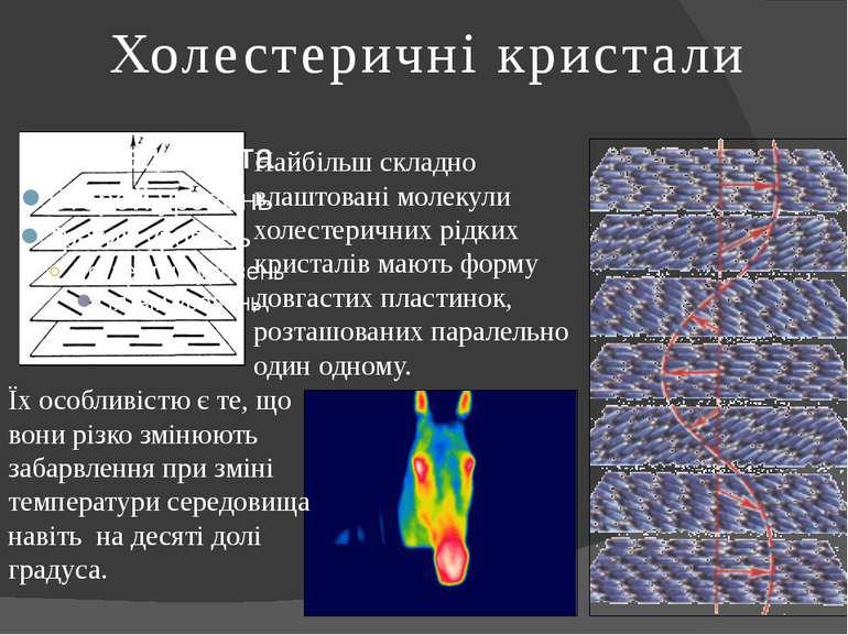 Холестеричні кристали Найбільш складно влаштовані молекули холестеричних рідк...