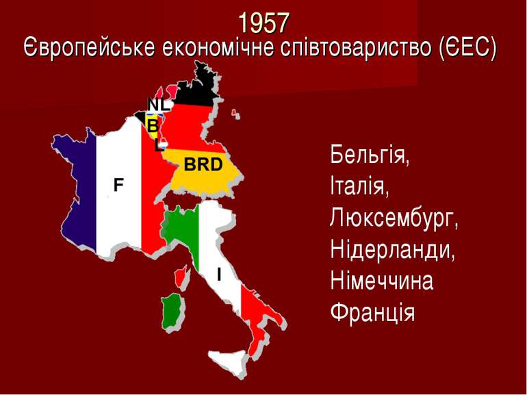 1957 Європейське економічне співтовариство (ЄЕС) Бельгія, Італія, Люксембург,...