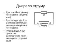 Джерело струму Для постійної різниці потенціалів (стуму в колі) Рух зарядів в...