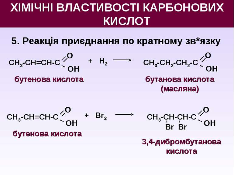 5. Реакція приєднання по кратному зв*язку бутенова кислота О OН СН3-СН=СН-С +...