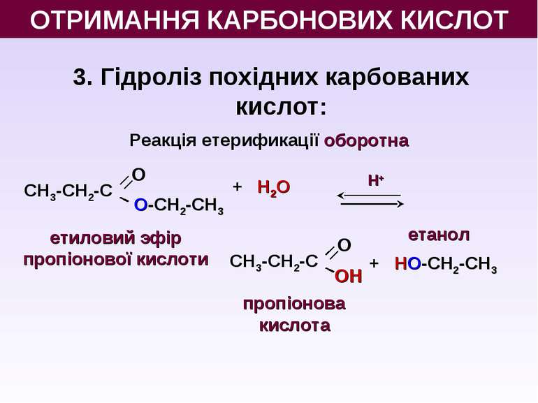 3. Гідроліз похідних карбованих кислот: Реакція етерификації оборотна Н+ + Н2...