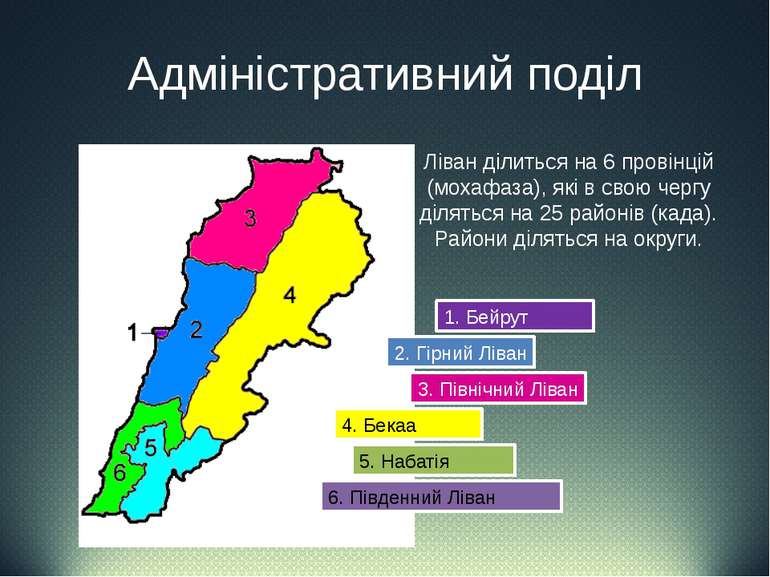 Адміністративний поділ Ліван ділиться на 6 провінцій (мохафаза), які в свою ч...