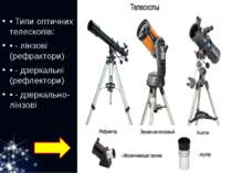• Типи оптичних телескопів: • - лінзові (рефрактори) • - дзеркальні (рефлекто...