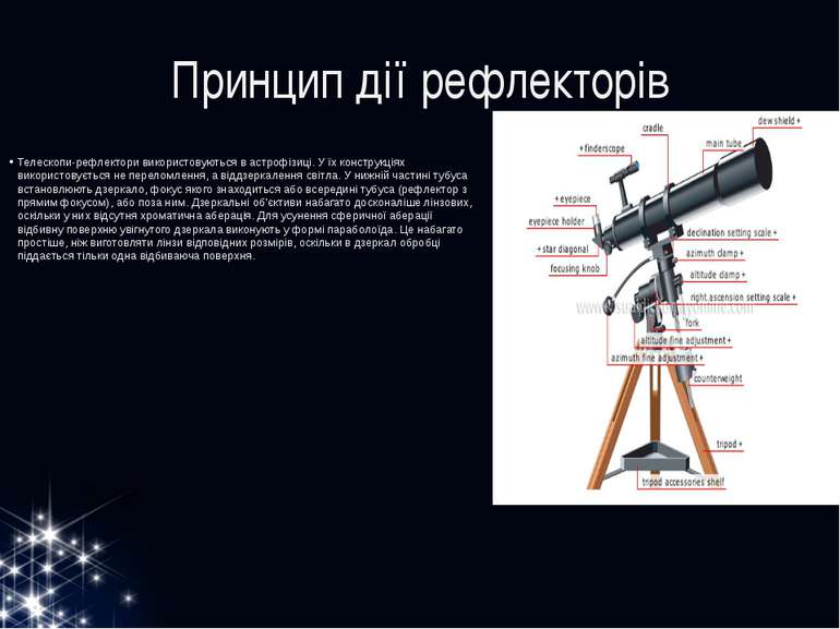 Принцип дії рефлекторів Телескопи-рефлектори використовуються в астрофізиці. ...