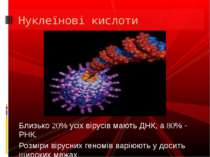 Близько 20% усіх вірусів мають ДНК, а 80% - РНК. Розміри вірусних геномів вар...