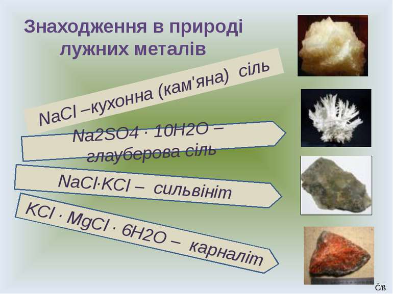 Знаходження в природі лужних металів NaCl –кухонна (кам'яна) сіль Na2SO4 · 10...