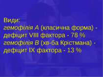 Види: гемофілія А (класична форма) - дефіцит VІІІ фактора - 78 % гемофілія В ...