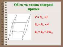Об'єм та площа поверхні призми V = Sосн.• H Sбіч.= Pосн. • H Sп.п.= Sбіч.+ 2•...