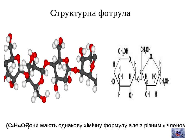 Структурна фотрула (С6Н10О5 )n Вони мають однакову хімічну формулу але з різн...