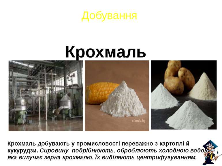Добування Крохмаль Крохмаль добувають у промисловості переважно з картоплі й ...