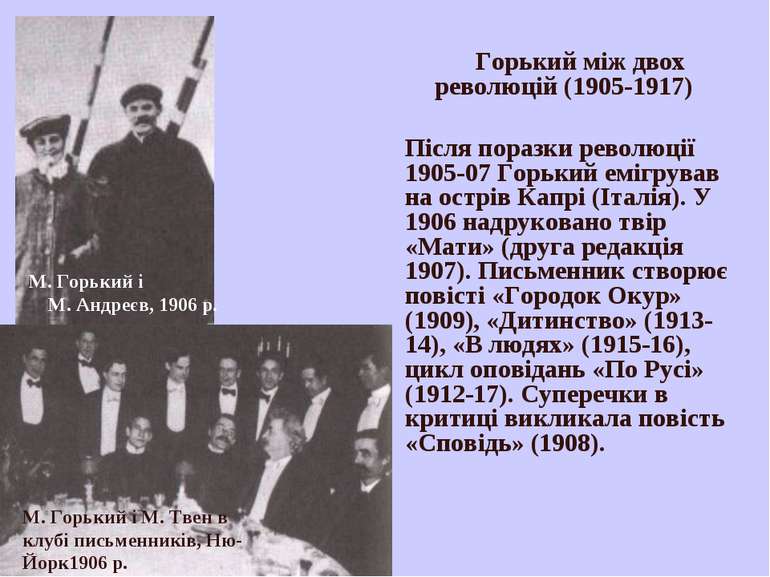 Горький між двох революцій (1905-1917) Після поразки революції 1905-07 Горьки...