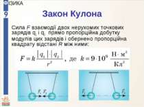 Закон Кулона Сила F взаємодії двох нерухомих точкових зарядів q1 і q2 прямо п...