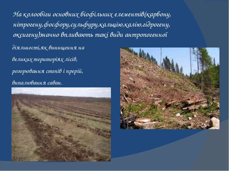 діяльності,як винищення на великих територіях лісів, розорювання степів і пре...