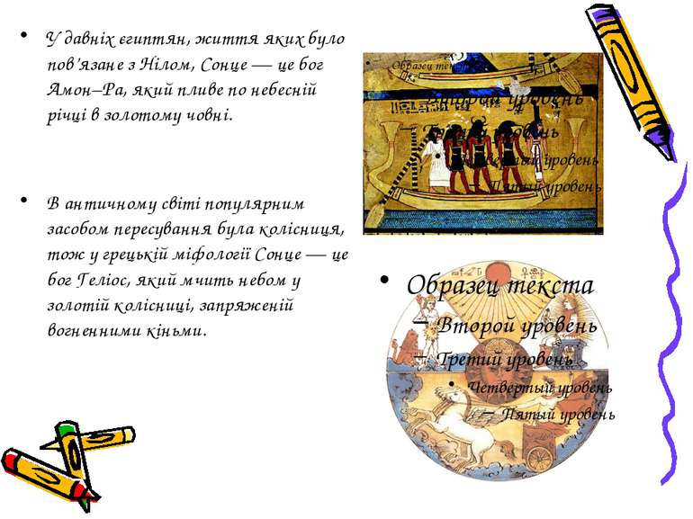 У давніх єгиптян, життя яких було пов’язане з Нілом, Сонце — це бог Амон–Ра, ...