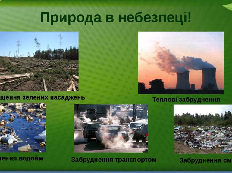 Природа в небезпеці! Знищення зелених насаджень Теплові забруднення Забруднен...