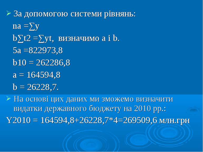 За допомогою системи рівнянь: na =∑y b∑t2 =∑yt, визначимо a і b. 5а =822973,8...