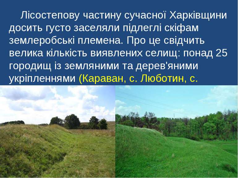 Лісостепову частину сучасної Харківщини досить густо заселяли підлеглі скіфам...