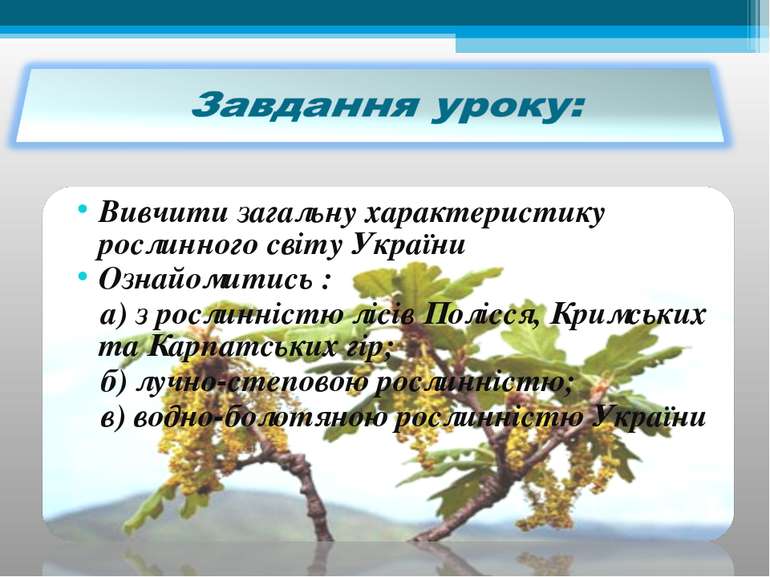 Вивчити загальну характеристику рослинного світу України Ознайомитись : а) з ...