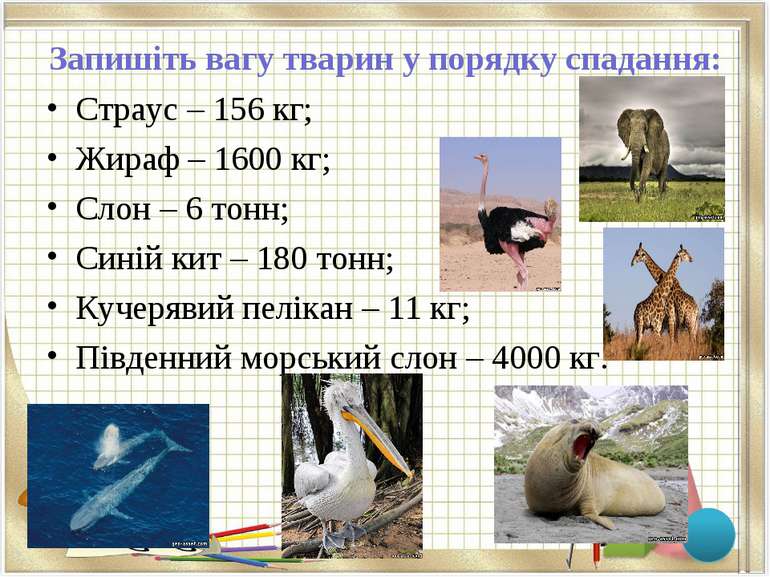 Запишіть вагу тварин у порядку спадання: Страус – 156 кг; Жираф – 1600 кг; Сл...
