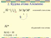 2. Будова атома Алюмінію Al 13 • ) ) ) 3 2 8 3s2 3p1 3d0 основний стан атома ...