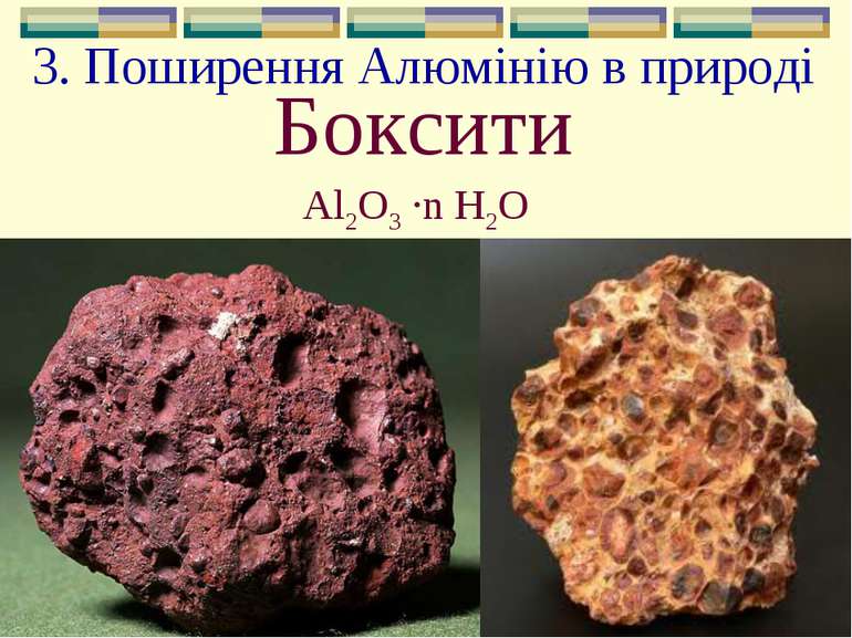 3. Поширення Алюмінію в природі Боксити Al2O3 ∙n H2О