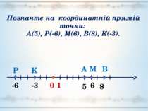 0 5 1 А -3 -6 6 В М К Р 8 Позначте на координатній прямій точки: А(5), Р(-6),...