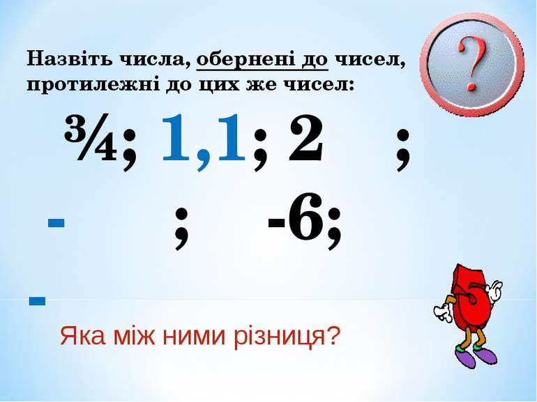 Назвіть числа, обернені до чисел, протилежні до цих же чисел: ¾; 1,1; 2⅓; - ⅖...