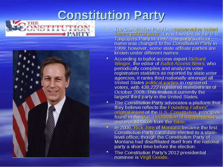 Constitution Party The Constitution Party is a conservative United States pol...