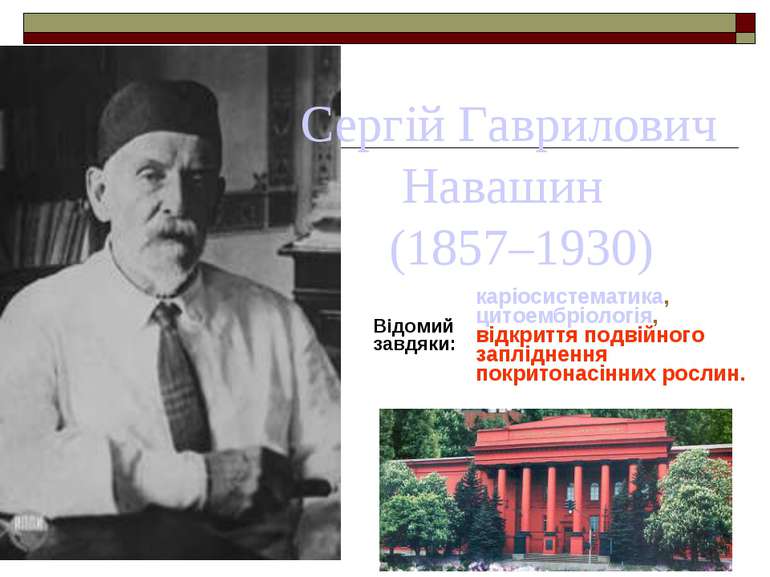 Сергій Гаврилович Навашин (1857–1930) Відомий завдяки: каріосистематика, цито...