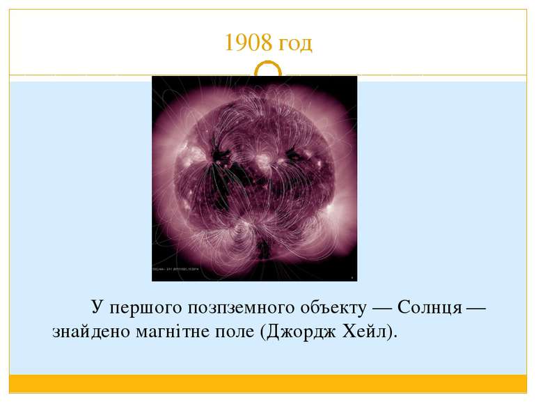 1908 год У першого позпземного объекту — Солнця — знайдено магнітне поле (Джо...