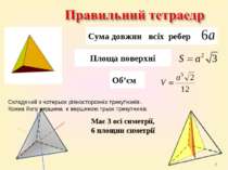 * Має 3 осі симетрії, 6 площин симетрії Сума довжин всіх ребер Площа поверхні...