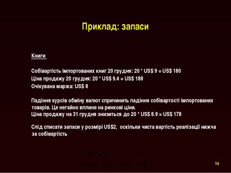 Приклад: запаси Книги Собівартість імпортованих книг 20 грудня: 20 * US$ 9 = ...