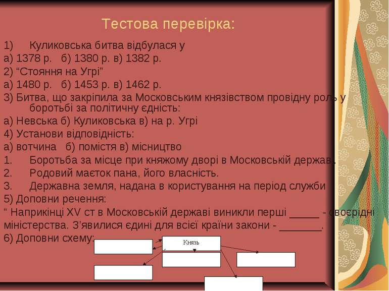 Тестова перевірка: Куликовська битва відбулася у а) 1378 р. б) 1380 р. в) 138...