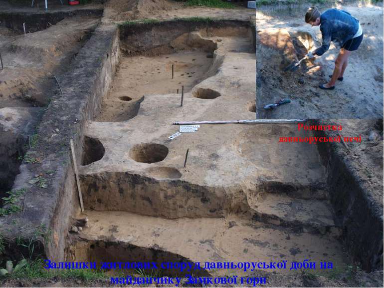Розчистка давньоруської печі Залишки житлових споруд давньоруської доби на ма...