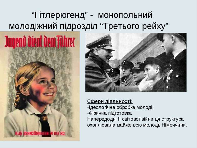 “Гітлерюгенд” - монопольний молодіжний підрозділ “Третього рейху” Сфери діяль...