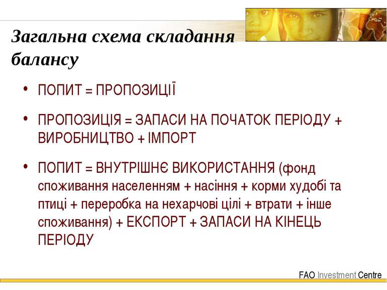 Загальна схема складання балансу ПОПИТ = ПРОПОЗИЦІЇ ПРОПОЗИЦІЯ = ЗАПАСИ НА ПО...