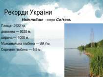 Найглибше - озеро Світязь Площа--2622 га, довжина — 9225 м, ширина — 4000 м, ...