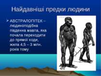 Найдавніші предки людини АВСТРАЛОПІТЕК – людиноподібна південна мавпа, яка по...