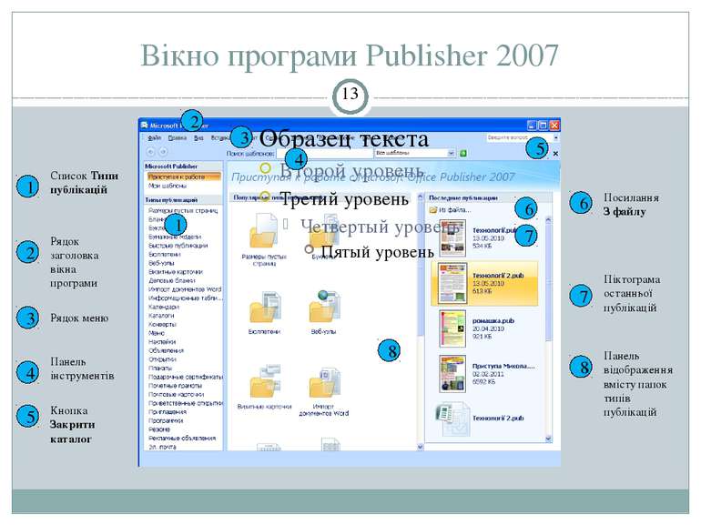 Вікно програми Publisher 2007 1 2 3 4 5 6 7 8 8 7 6 5 4 3 2 1 Список Типи пуб...