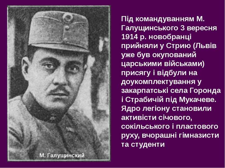 Під командуванням М. Галущинського 3 вересня 1914 р. новобранці прийняли у Ст...
