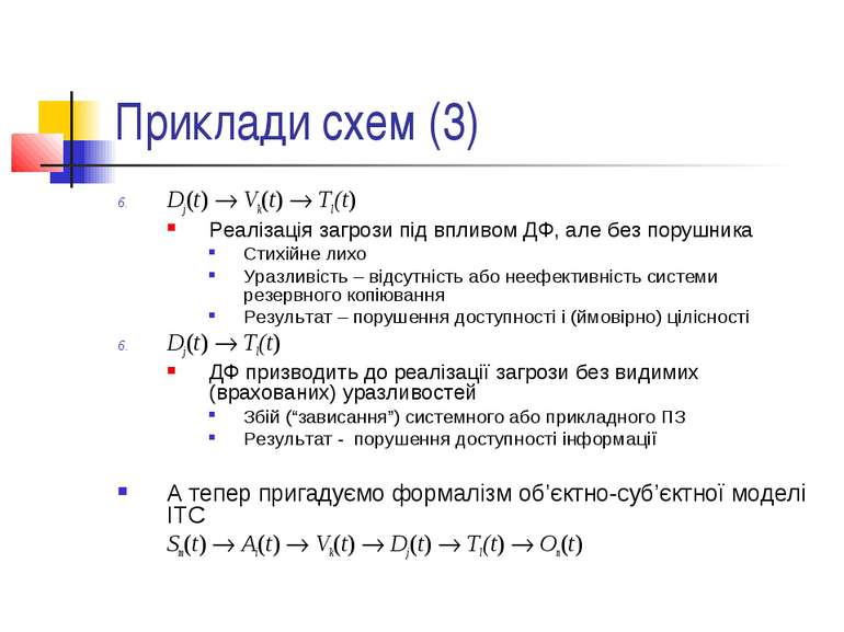 Приклади схем (3) Dj(t) Vk(t) Tl(t) Реалізація загрози під впливом ДФ, але бе...