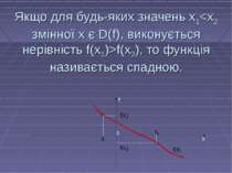 Якщо для будь-яких значень х1f(х2), то функція називається спадною. ● ● х2 х1...