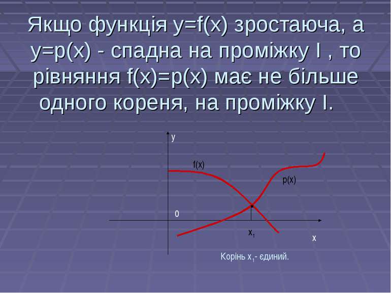 Якщо функція у=f(х) зростаюча, а у=p(х) - спадна на проміжку І , то рівняння ...