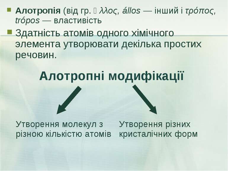 Алотропні модифікації Алотропія (від гр. ἄλλος, állos — інший і τρόπος, trópo...