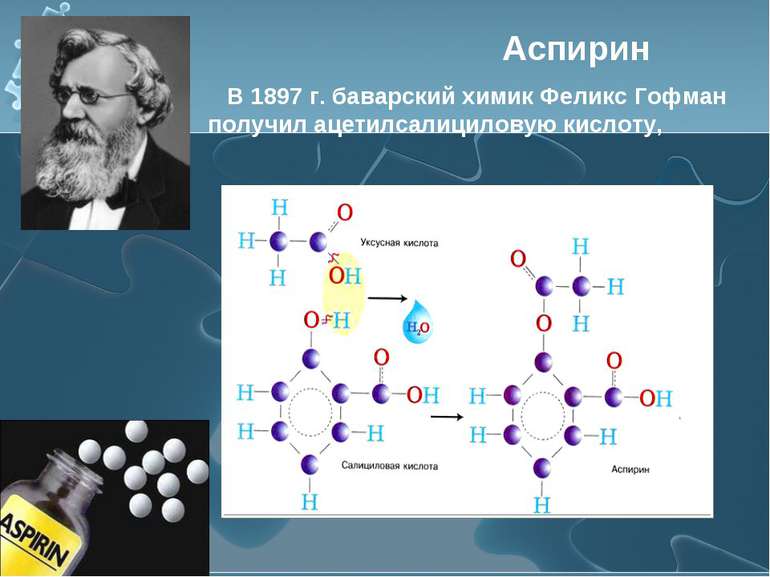 Аспирин В 1897 г. баварский химик Феликс Гофман получил ацетилсалициловую кис...