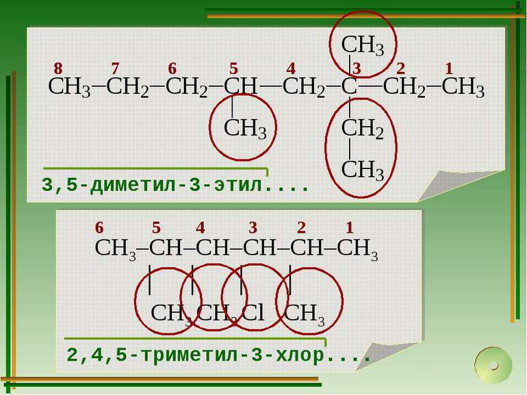 8 7 6 5 4 3 2 1 3,5-диметил-3-этил.... 6 5 4 3 2 1 2,4,5-триметил-3-хлор....
