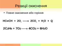 Реакції окиснення Повне окиснення або горіння HC CH + 2О2 2СО2 + Н2О + Q 2С2Н...